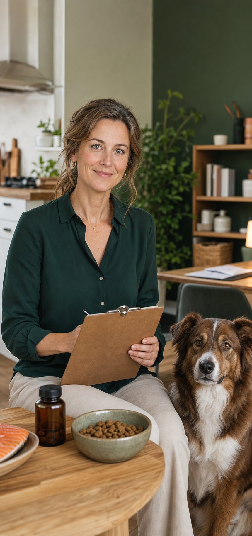 Mara van Dijk leest een zalmolie-etiket met hond naast zich