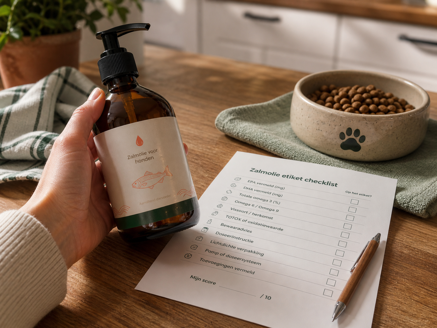 Etiketchecker met zalmoliefles en voerbak