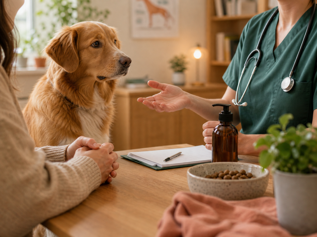 Eigenaar bespreekt supplementkeuze voor hond met deskundige
